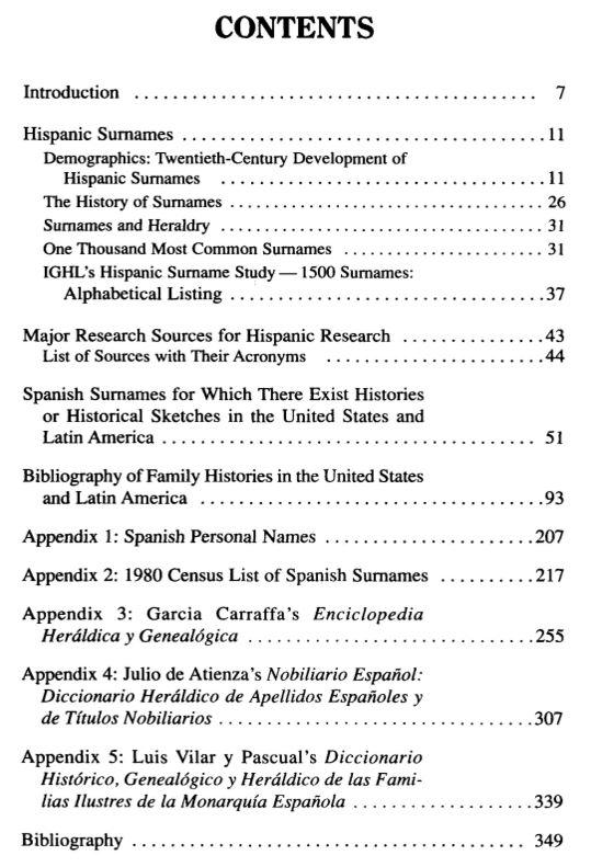 hispanic Surnames and Family History Table of Contents