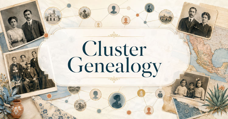 Cluster genealogy research featuring interconnected Mexican ancestors, historical family photographs, church records, and maps.