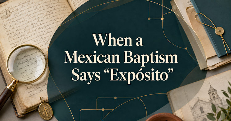 Historical Mexican baptismal register used to research an expósito or foundling whose parents were not identified.