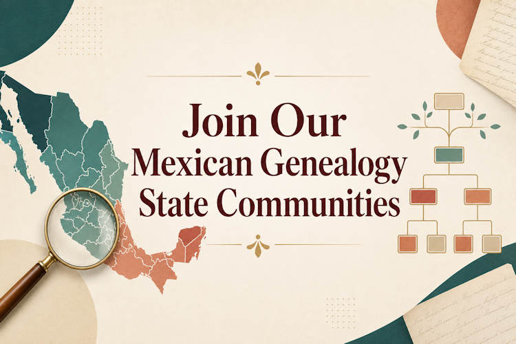 Map of Mexico and a family tree promoting Mexican genealogy state communities