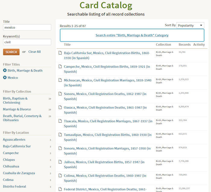 Mexico's Civil Registration Records Catalog at Ancestry